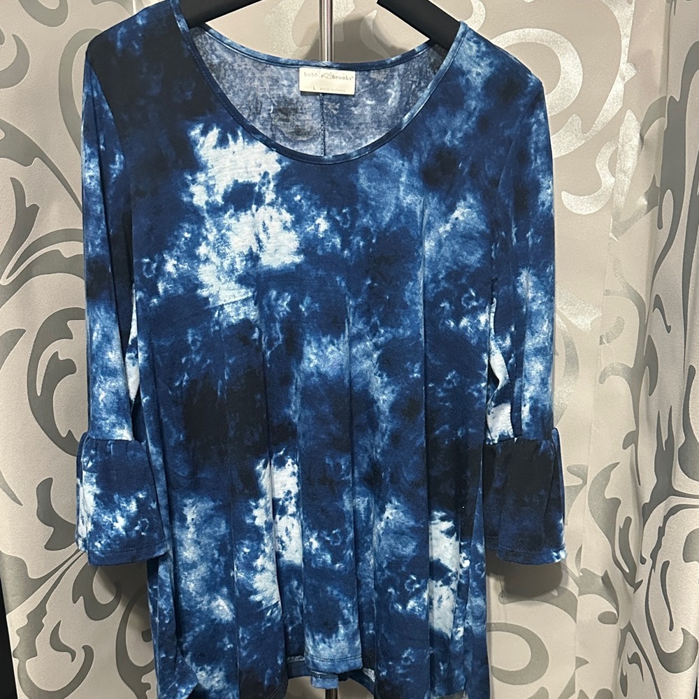 Bobbie Brooks Blue Tie-Dye Blouse 3/4 bell sleeves Size L